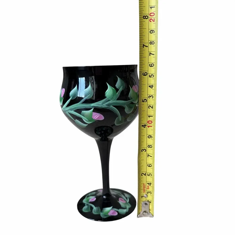 Vintage Hand Painted Floral Black Wine Goblets Set of 4 Chic Barware